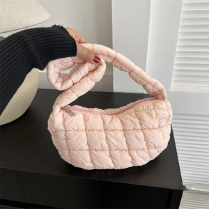 Pink quilted cloud shoulder bag with puffer texture and silver zipper for women