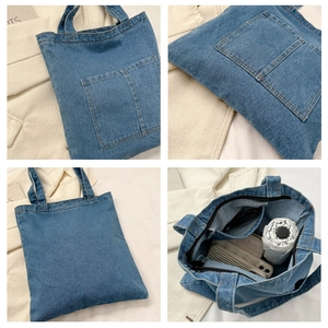 Detailed views of a blue denim tote bag showing interior space and large exterior pocket