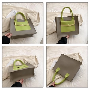 Minimalist green and gray tote bag with contrasting pockets shown in multiple views