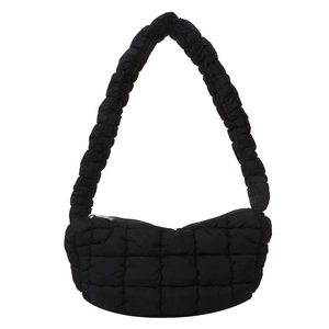 Minimalist black quilted shoulder bag with padded ruched straps and cloud design