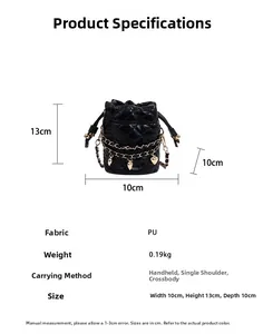 Detailed size specifications for a black quilted bucket bag with golden chain and heart charms