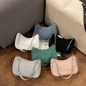 Sac Sous le Bras en Laine d'Agneau Femmes Mode Peluche Chaîne Sac à Épaule Décontracté Hobo Main Petit Carré Automne Hiver