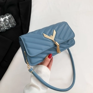 Women Fashion Quilted V-Pattern Shoulder Bag Tassel Underarm Square Bag PU Leather Commuting Handbag With Rhinestone Detail