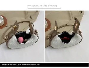 Detail view of the white woven crescent bag interior showing spacious storage for daily items