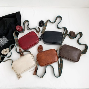 Retro soft leather small square crossbody bags with tassel and wide ethnic straps in 5 colors