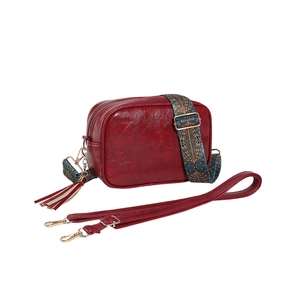 Vintage dark red crossbody camera bag with bohemian woven strap and tassel detail