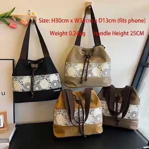 Minimalist canvas bucket bag with daisy embroidery in black, khaki, and brown shades