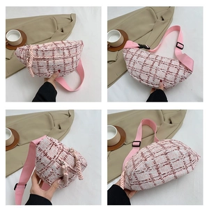 Detailansichten einer rosa karierten gewebten Brusttasche mit verstellbaren Nylongurten