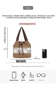 Size specifications for the floral canvas drawstring bucket bag with dimensions and capacity