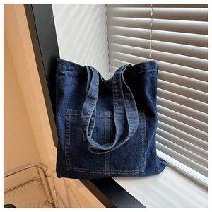Women Casual Denim Tote Bag Large Capacity Solid Color Shoulder Bag With External Pockets Vintage Washed Jeans Cotton Handbag