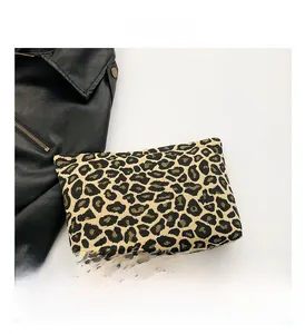 Detailed macro view of the leopard print fabric texture on a stylish flat rectangular pouch