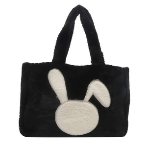 Grand sac cabas en peluche noire avec broderie lapin blanc pour l'automne et l'hiver