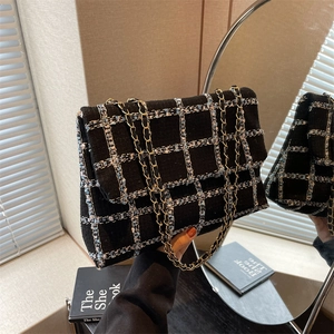 Sac à Épaule en Tweed Plaid pour Femmes Chaîne à la Mode Sous le Bras Élégant Sac à Main à Rabat pour le Quotidien