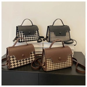 Vintage Hahnentritt PU Leder Kleine Quadratische Umhängetasche Für Damen Retro Rautenmuster Handtasche Mit Griff