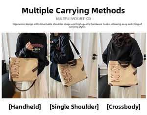 Detailed views of khaki canvas tote bag showing handheld, shoulder and crossbody styling options