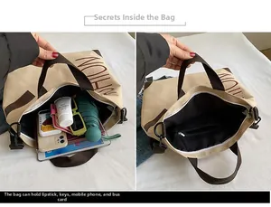 Detailed view of the beige canvas tote bag interior showing its large storage capacity