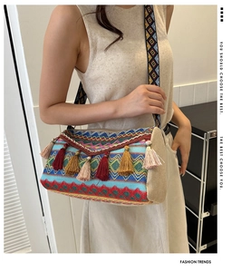 Detail of bohemian woven bag featuring colorful geometric patterns and decorative tassels