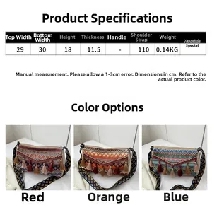 Detailed size chart for ethnic crossbody bag with fringe and geometric patterns