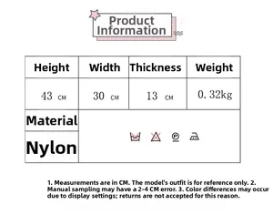 Detailed size chart showing dimensions for the nylon school backpack with 43cm height