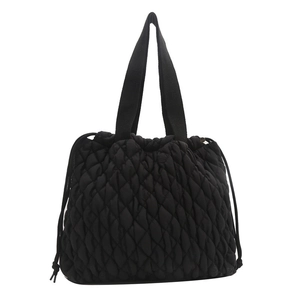 Large capacity black quilted nylon tote bag with drawstring closure and soft texture