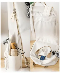 Detailed views of white backpack with sturdy zippers, reinforced stitching, and side pockets