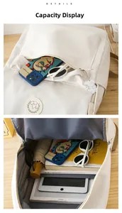 Detail view of large white canvas backpack showing storage for books and a tablet