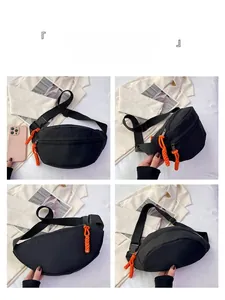 Detailed views of the black waterproof nylon chest bag with orange zipper pullers