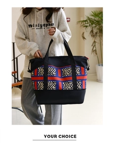 Detail of large travel tote showing fashionable patterned print and reinforced handles