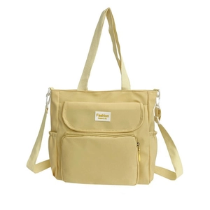 Large capacity pale yellow canvas tote bag with multi-pockets and adjustable strap