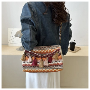 Detailed view of bohemian crossbody bag with geometric woven pattern and colorful tassels
