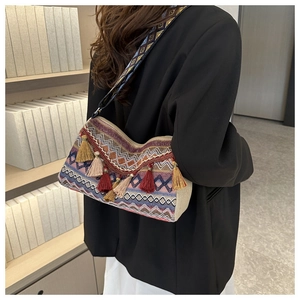 Detail of colorful tassel and geometric pattern on ethnic style shoulder bag