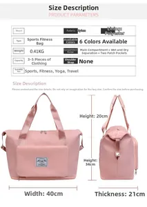 Size chart for high-capacity nylon travel bag showing dimensions and internal dry-wet pockets