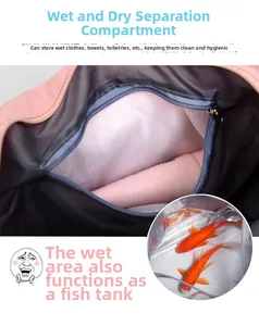 Detail of waterproof dry-wet separation compartment in travel bag for toiletries