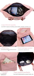 Detail view of pink travel bag showing internal multi-pocket layout and wet-dry separation