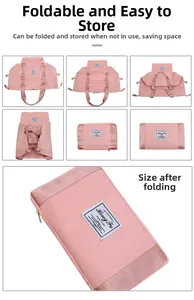 Step-by-step demonstration of the pink travel bag folding into a flat compact shape