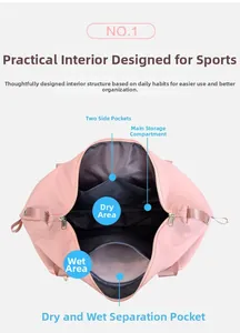 Detail showing dry and wet separation interior with multiple pockets in pink travel bag