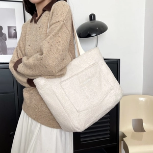 White fuzzy plush tote bag with FASHION label, large capacity shoulder bag for winter
