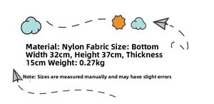Detailed size chart for nylon backpack with 32cm width, 37cm height, and 0.27kg weight