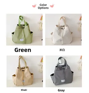 Collage of large capacity nylon drawstring tote bags in green, off-white, khaki and grey