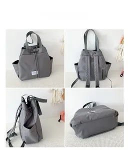 Detailed four-way view showing nylon drawstring backpack structure and side pockets