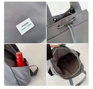 Detailed views of grey nylon backpack featuring drawstring closure and side pocket utility