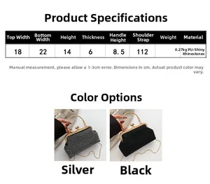 Detailed size specifications for a sparkling rhinestone handbag with metal ring handle