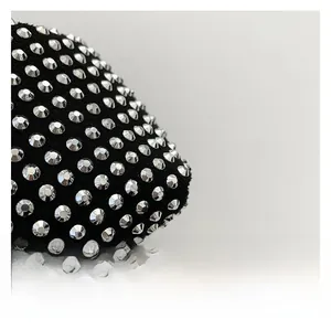 Detailed close-up showing premium silver rhinestones on black suede material handbag