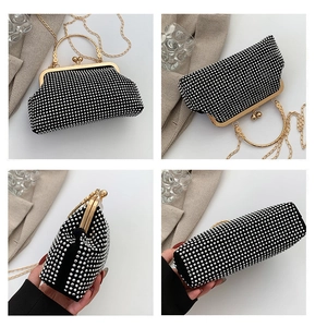 Detailed views of a black sparkling evening clutch bag with gold round handle and chain strap