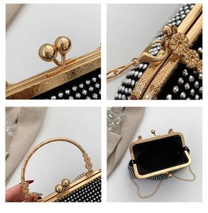 Detail showing the golden clasp, chain, handle and interior of the black rhinestone bag