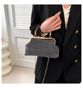 Detail of evening clutch with silver rhinestones, gold handle and vintage clasp
