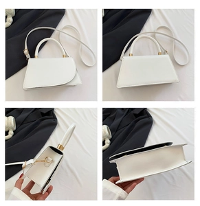 Detailed views of a white faux leather crossbody bag with gold hardware and trapezoid shape