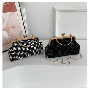 Women Elegant Rhinestone Evening Clutch Bag Gold Metal Handle Luxurious Party Handbag With Chain Strap Vintage Shoulder Bag