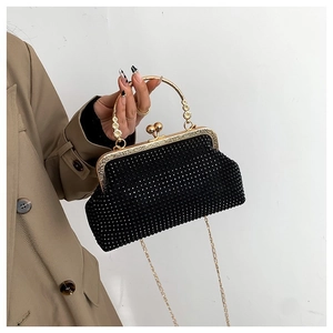 Vintage black beaded evening clutch bag with golden ring handle and metal chain strap