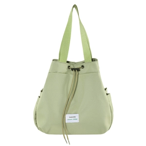 Light green nylon drawstring backpack with side pockets and fashion text patch